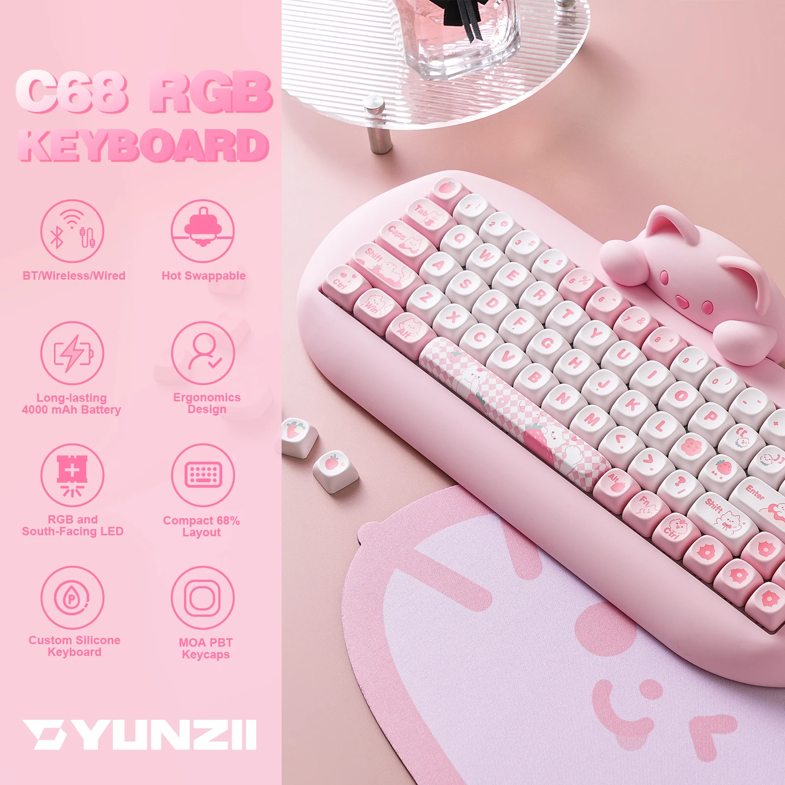 YUNZII C68 Wireless Gaming Keyboard, Hi-Fi Cute Cat Custom RGB Mechanical Keyboard, Silicone 65% Hot Swap Ergonomic Kitty Keeb - Image 2