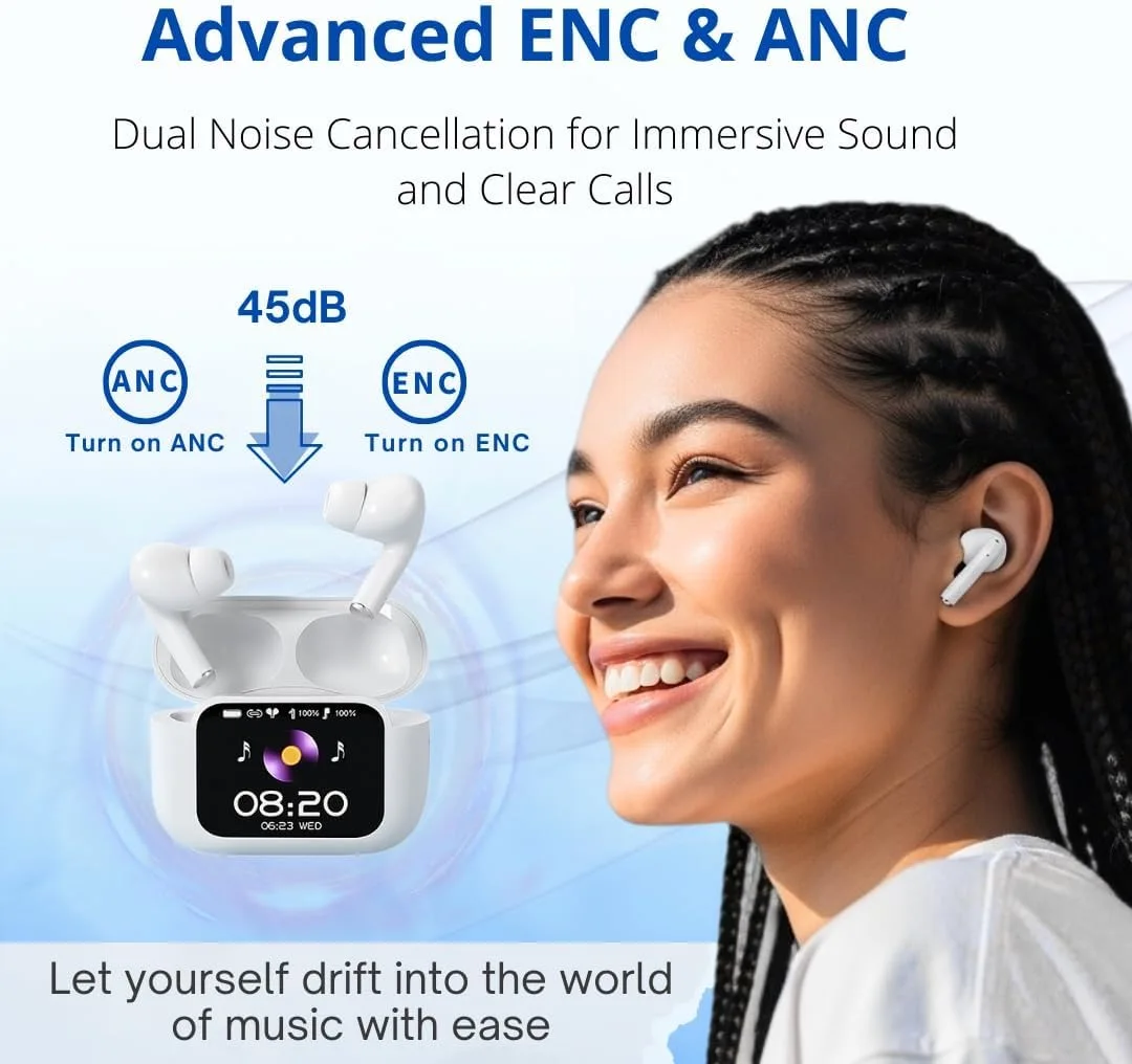 UYUXIO BT 5.4 Wireless Earphone ANC ENC Earbuds with LCD Screen High Sound Quality Headphonew with Noise Cancelling Ear Buds - Image 4