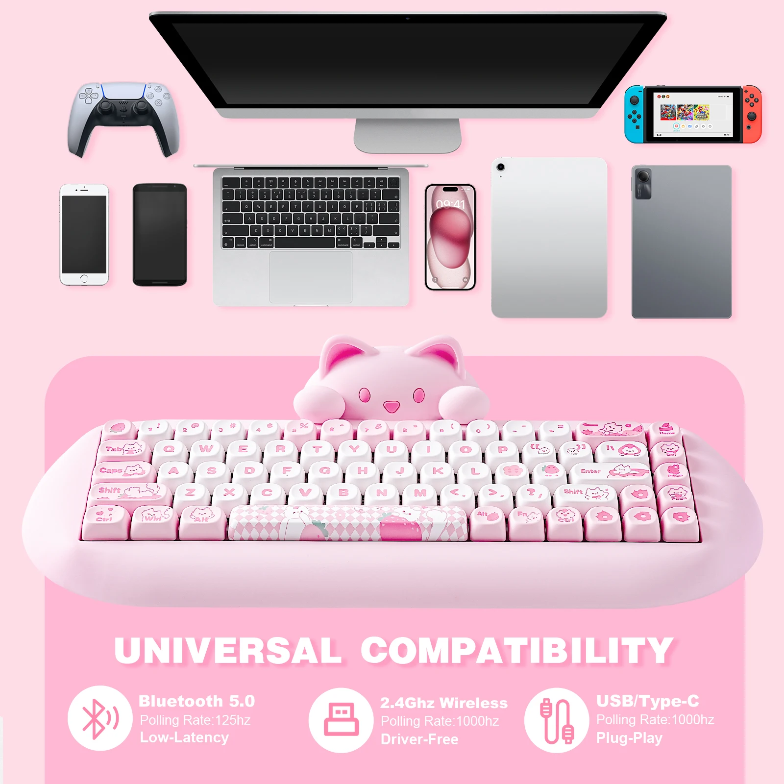 YUNZII C68 Wireless Gaming Keyboard, Hi-Fi Cute Cat Custom RGB Mechanical Keyboard, Silicone 65% Hot Swap Ergonomic Kitty Keeb - Image 3