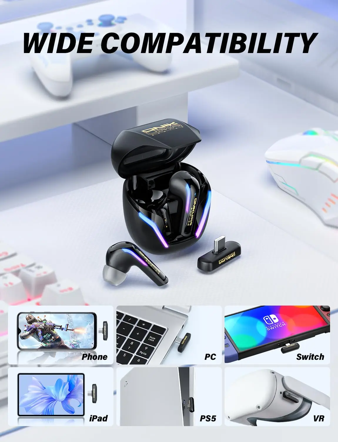 ONIKUMA T27 Earbuds Wireless Gaming with ENC Mic for PS5/4,Bluetooth Headphones for Phone, Pad, Laptop, Steam Deck, Switch - Image 6