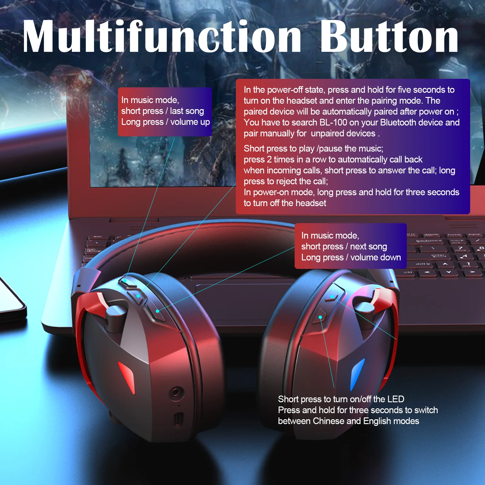 Wireless Gaming Headset with Detachable Noise Cancelling Microphone,2.4G Bluetooth-USB-3.5mm Wired Jack 3 Modes for Multi-device - Image 2