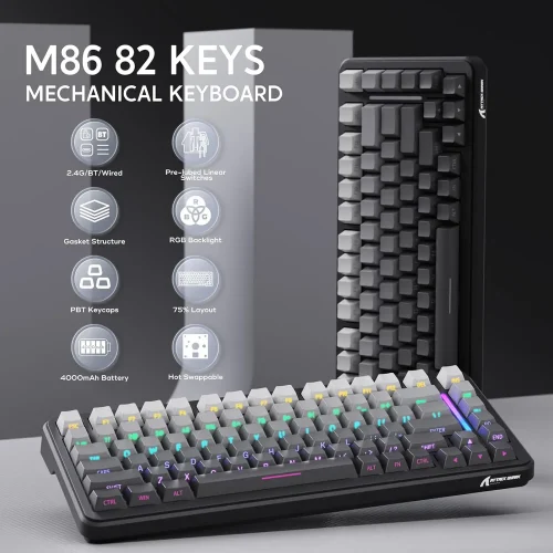 ATTACK SHARK M86 Wireless Mechanical Gaming Keyboard, 75% Gasket Hot Swappable RGB Custom Keyboard, Side Printed PBT Keycaps