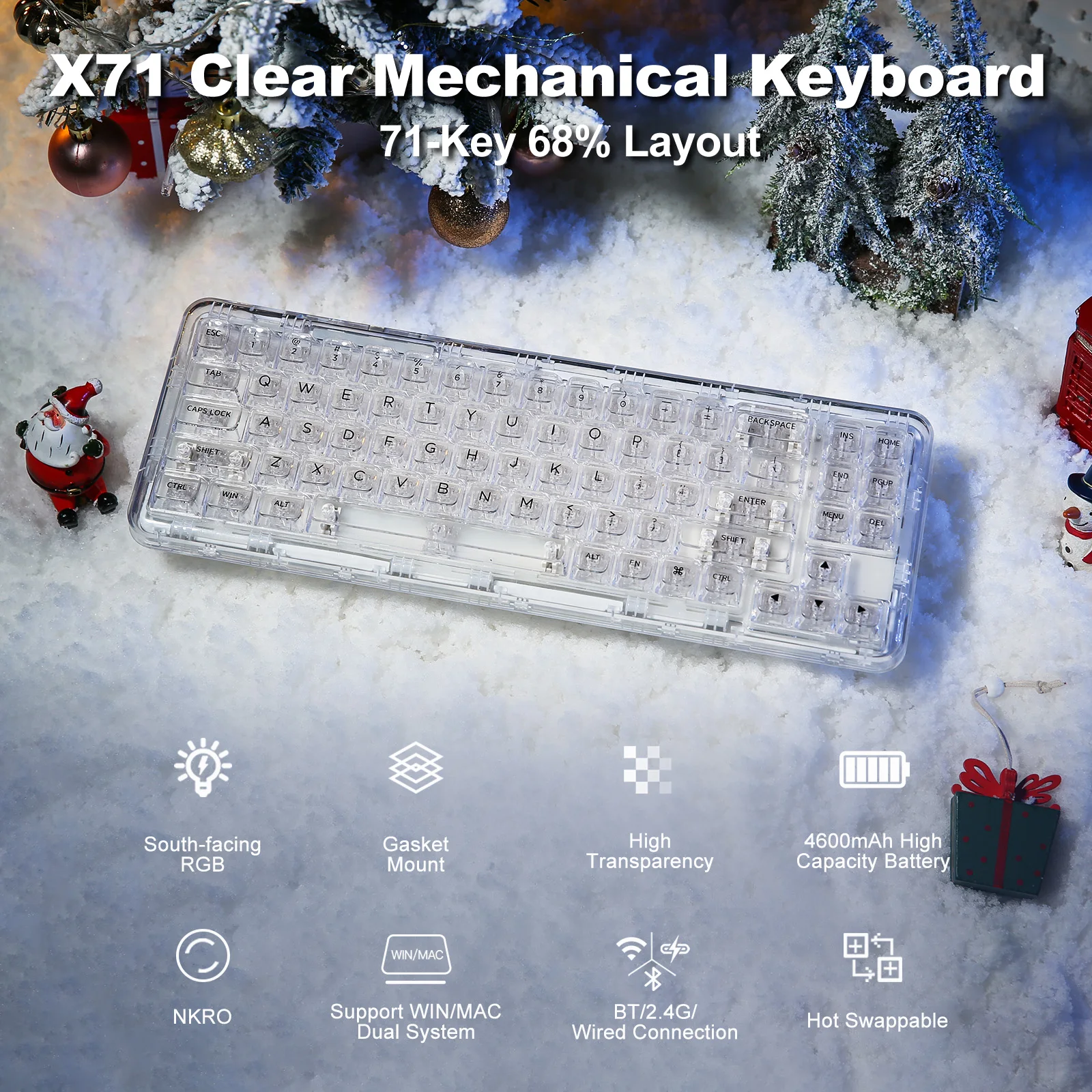 YUNZII X71 68% Layout Wireless BT/2.4G/USB-C Gasket Hot-Swap Transparent RGB Mechanical Gaming Keyboard with Clear Keycaps - Image 2