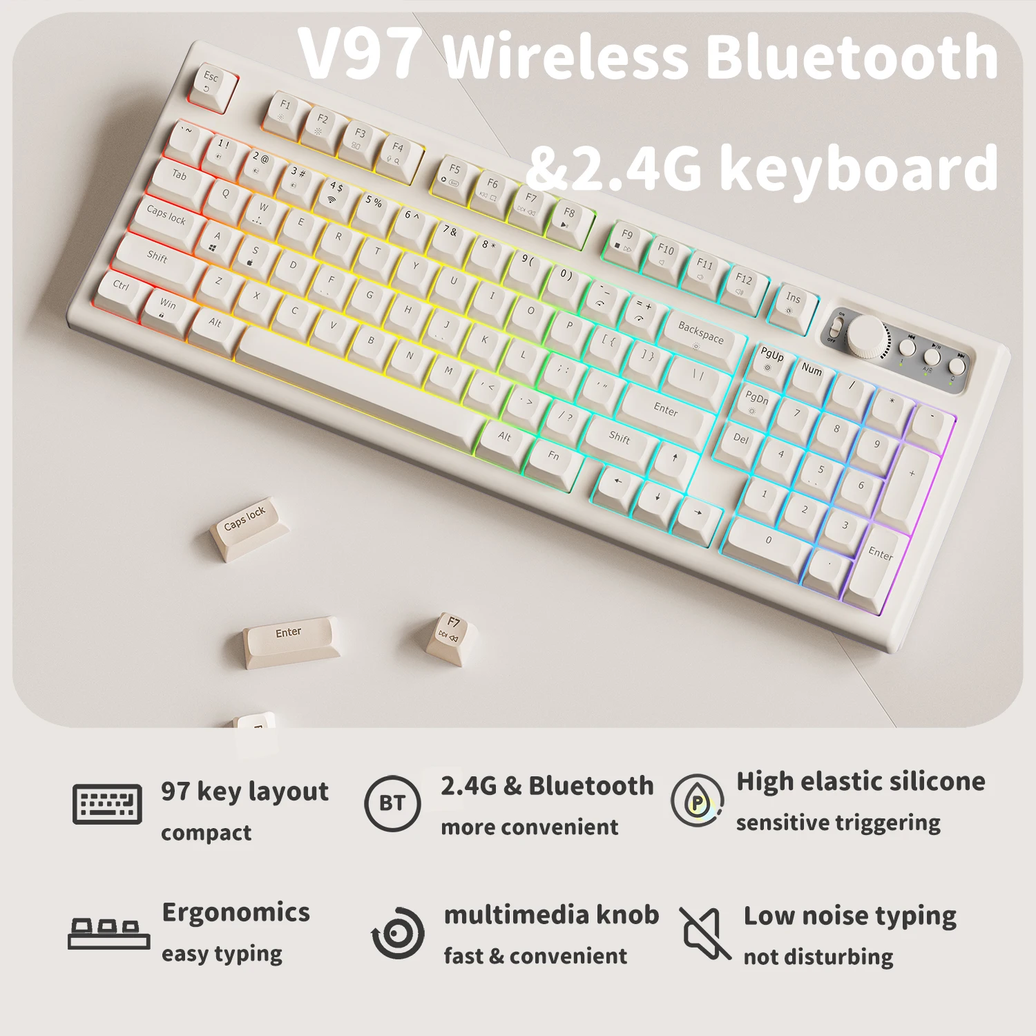 EWEADN V97 Cute Creamy Keyboard, Bluetooth/2.4GHz Gaming Keyboard Wireless with RGB Backlit, Rechargeable, Quiet, for PC Gamer - Image 4