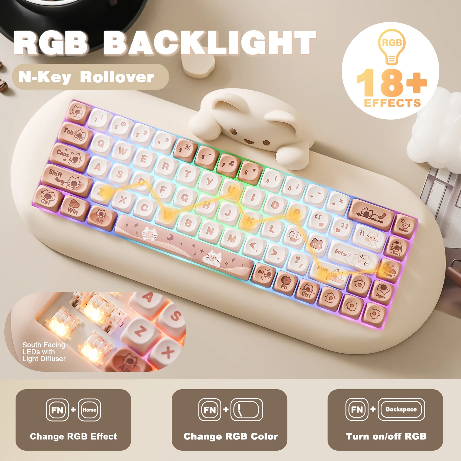 YUNZII C68 Wireless Gaming Keyboard, Hi-Fi Cute Cat Custom RGB Mechanical Keyboard, Silicone 65% Hot Swap Ergonomic Kitty Keeb - Image 5